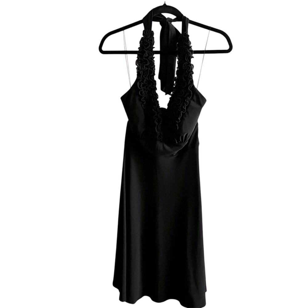 Onyx Nite by Wendy Chaitin Black Ruffle Halter Mini Dress stretch womens size 4